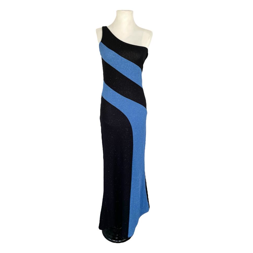 Vintage Water Signs Blue Black One Shoulder Sparkly Formal Maxi Dress Gown M